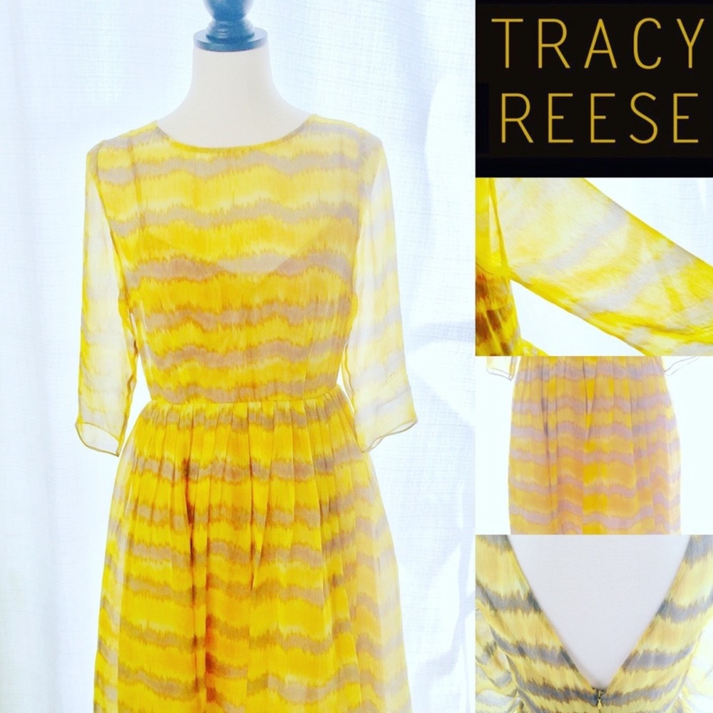 Anthropologie Tracy Reese‎ 100% Silk Yellow Chevron Dress Size 4